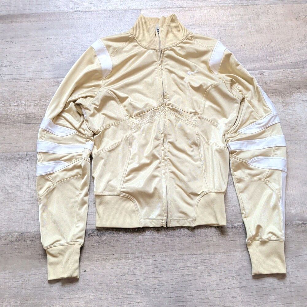 Vtg Nike Dri-Fit Shimmer Track Jacket Gold White Striped Womens XS Embroidered